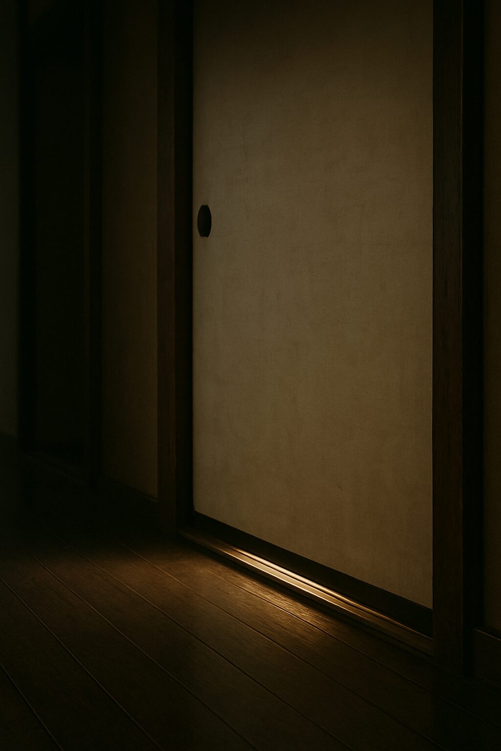 A quiet Japanese hallway with light softly leaking from beneath a closed fusuma, capturing the stillness of a room never opened by the narrator.