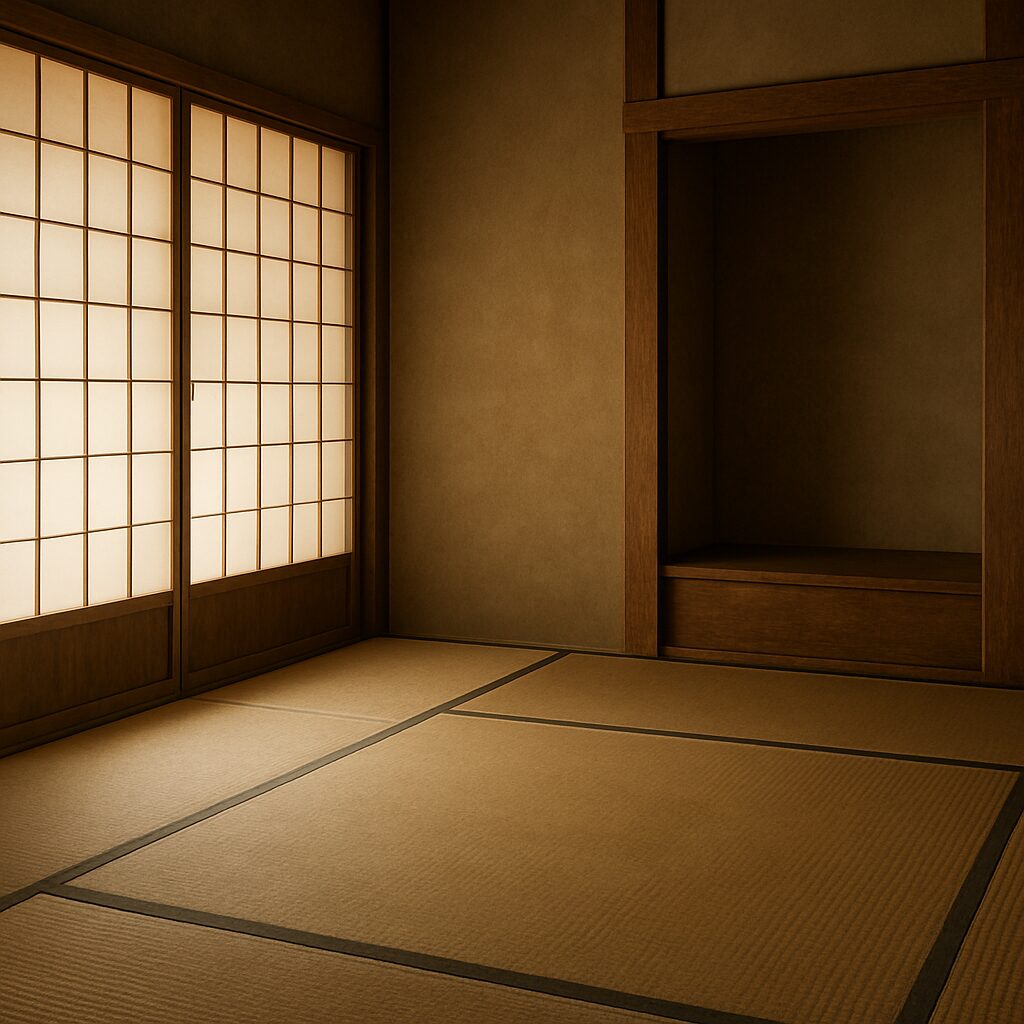A quiet Japanese tatami room after wiping, with soft natural light filtering through shoji. The air feels still, holding the presence of memory.