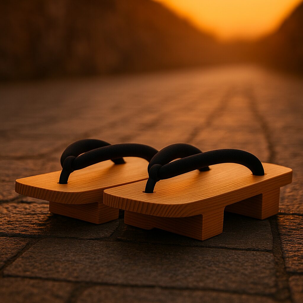 Wooden geta on a stone path at dusk, holding the quiet steps of a Japanese summer night