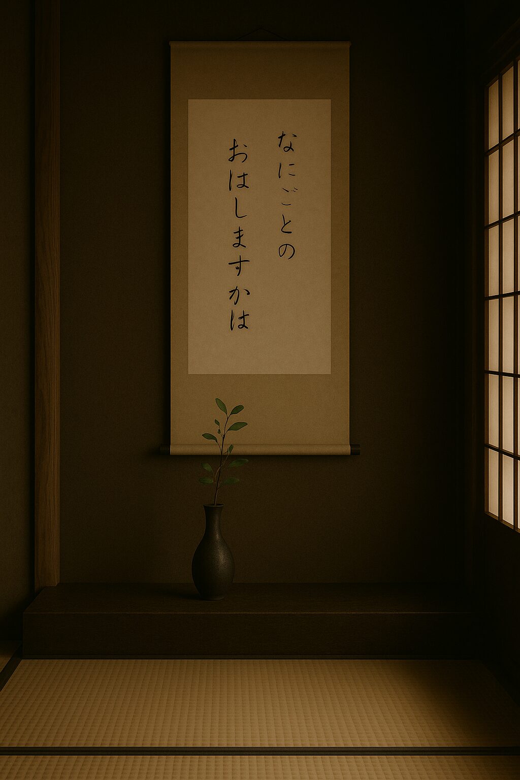 A quiet tokonoma in a traditional Japanese room, with a hanging scroll and a single branch in a slender vase. Soft light filters through shoji, leaving part of the space in shadow.