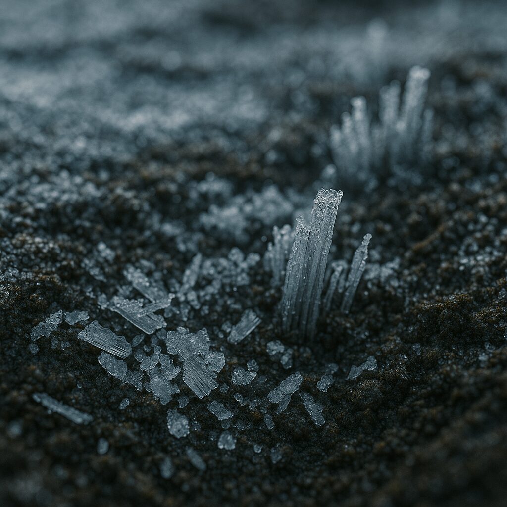 Close-up of shimo with shimo-bashira—delicate ice columns rising from frozen soil, scattered broken crystals, shallow depth of field in dawn light.