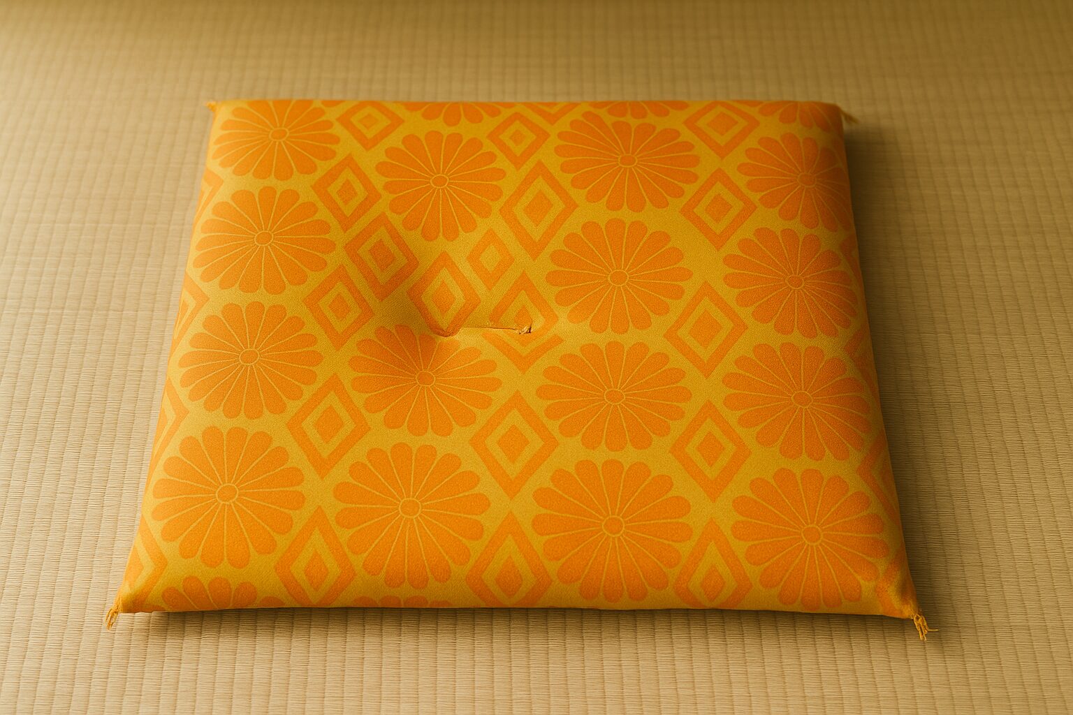 A traditional Japanese zabuton with vivid orange chrysanthemum and diamond patterns, placed neatly on a tatami mat under soft natural light.