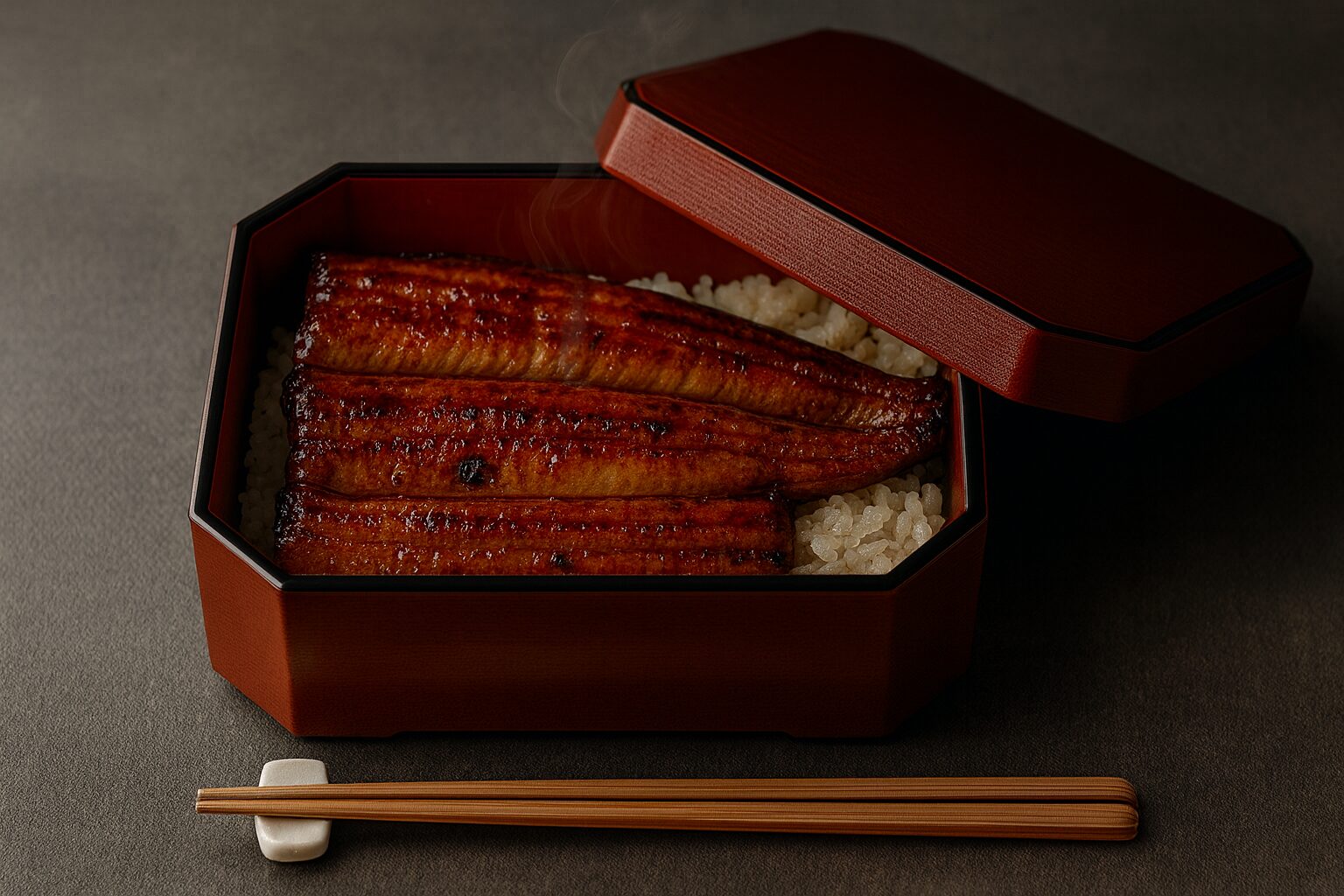 Lacquered unajū box with grilled eel over rice, lid slightly open with steam rising; chopsticks laid horizontally in front, tips left on a ceramic rest.