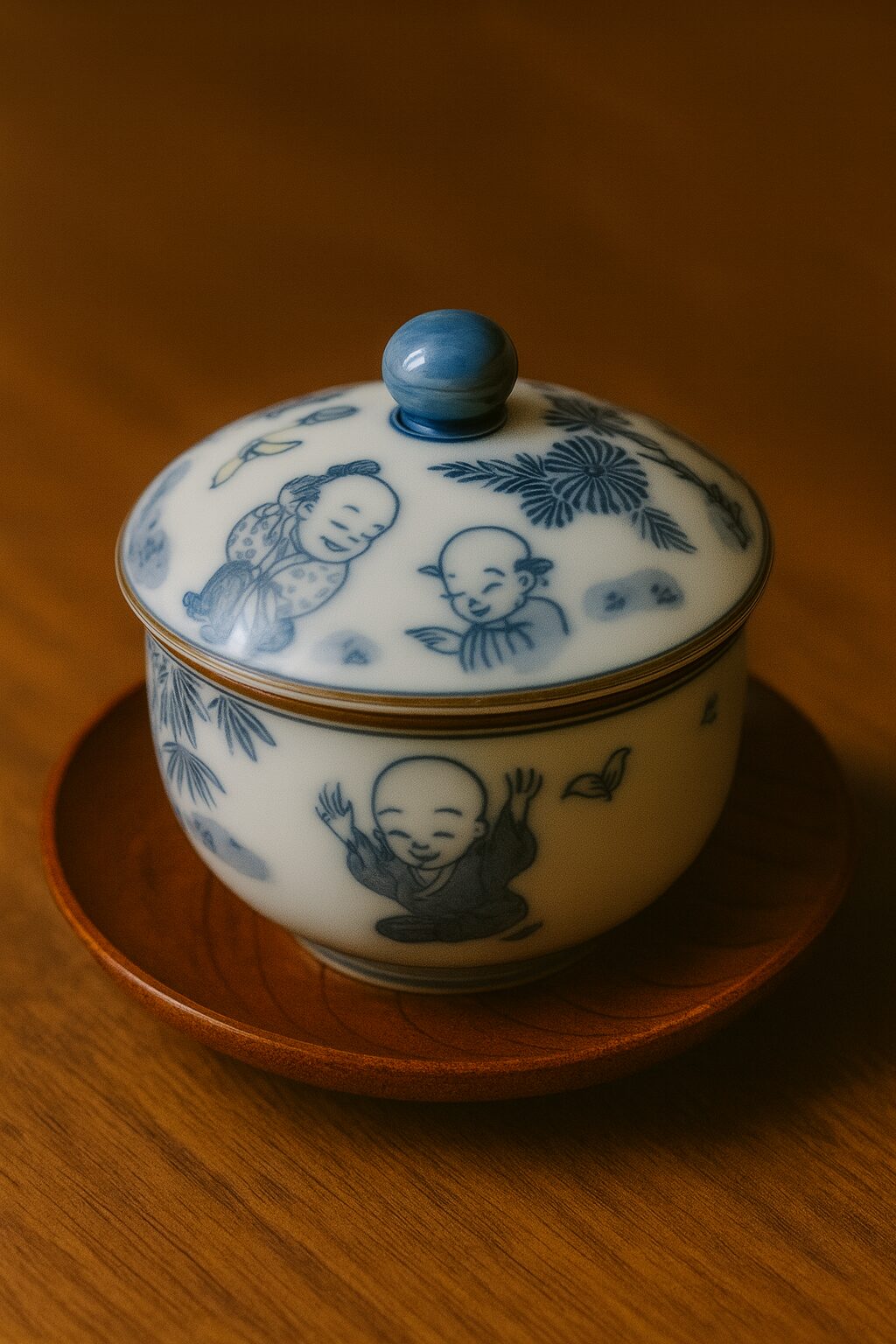 A lidded porcelain yunomi resting on a wooden chataku, placed on a solid wood table