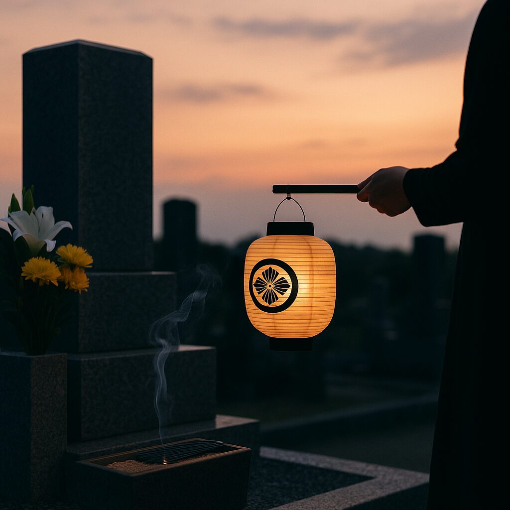 A hand holds a glowing paper lantern at a family grave during Obon in Japan, with incense smoke rising in the evening light.