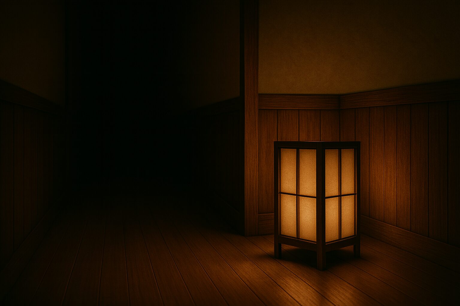 Traditional andon lantern set in a recessed nook along a wooden ryokan corridor at night, warm washi paper glow.