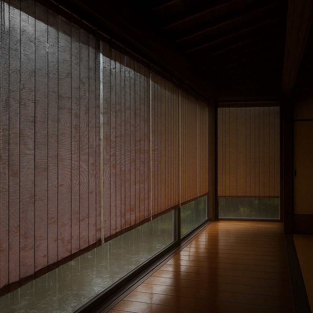 Reed sudare fully lowered along a Japanese engawa after rain, filtering the softened light as quiet settles into the wooden floor.