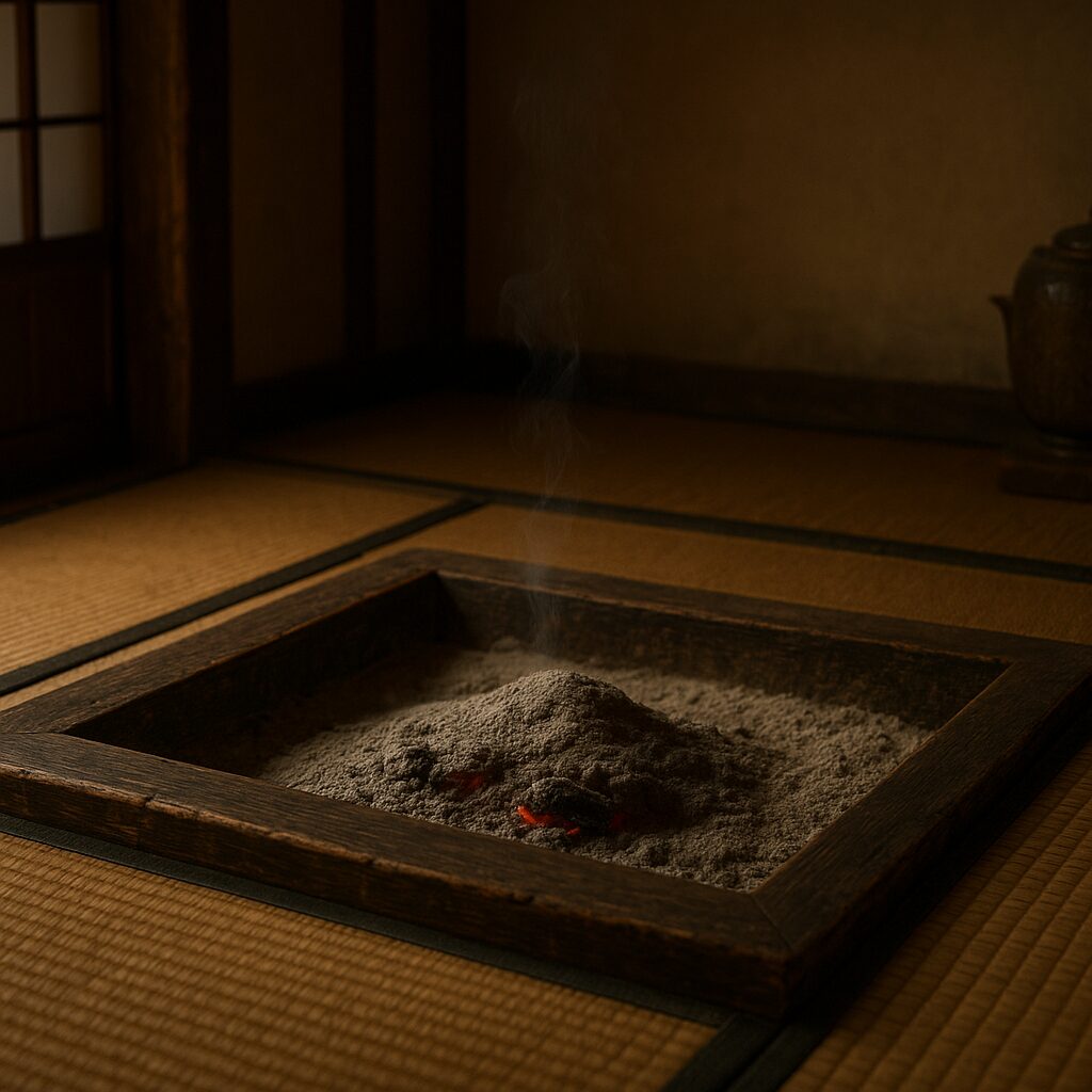 Irori fire fading in a traditional Japanese tatami room, with ash and faint embers holding warmth and Kokoro.