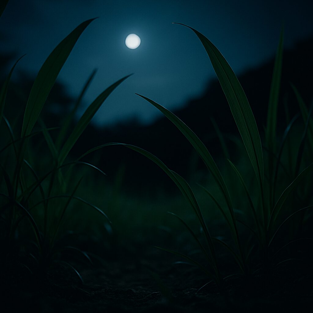 A moonlit view from the perspective of a suzumushi (bell cricket), with grass blades in soft focus under the night sky, evoking stillness and the quiet presence of autumn.