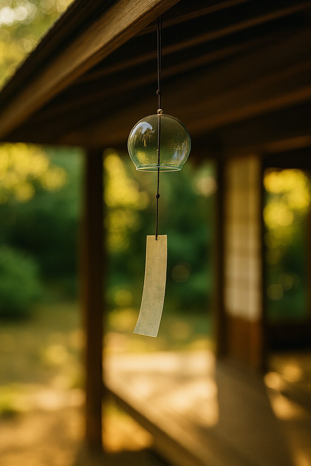 Glass furin wind chime swaying quietly under the eaves, catching the summer light in a Japanese garden