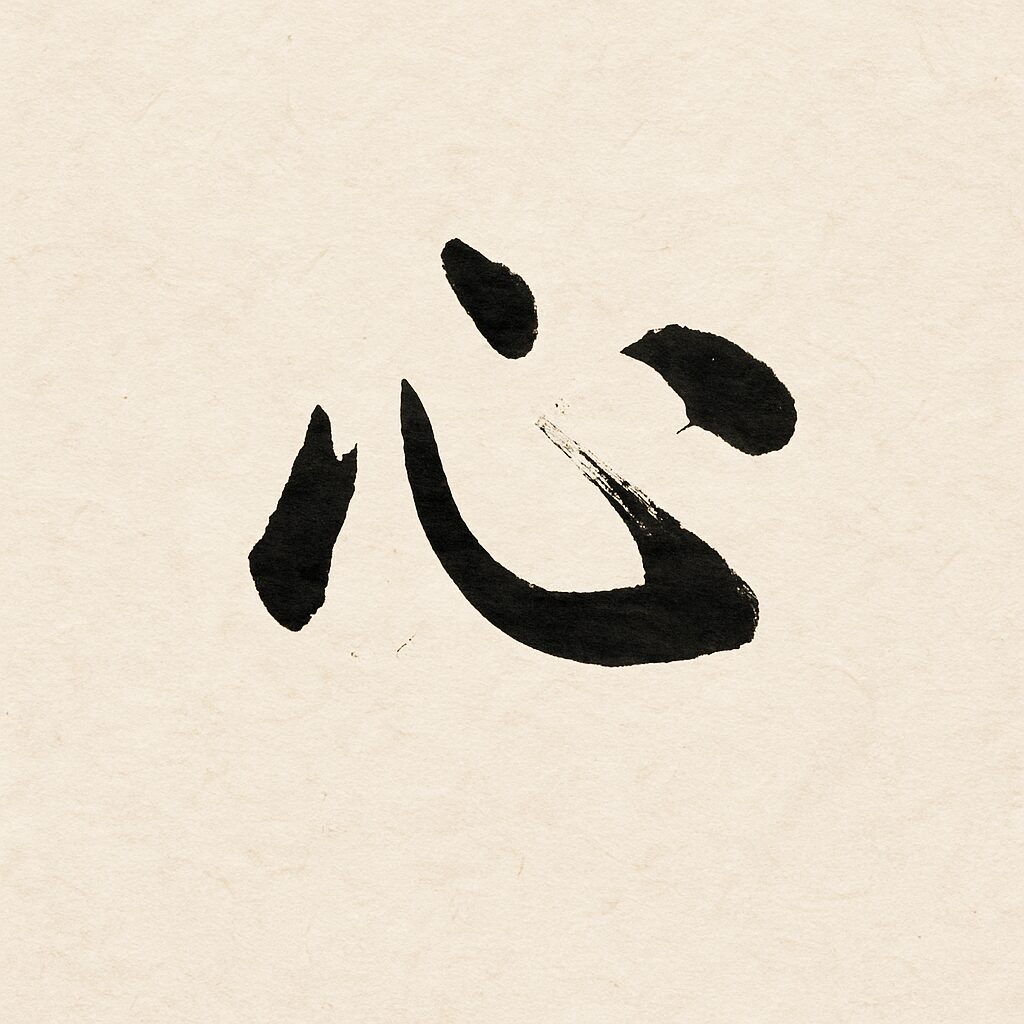 Calligraphy of the Japanese kanji “Kokoro” (心) in black ink on a textured washi paper background, evoking the quiet depth of heart and spirit.
