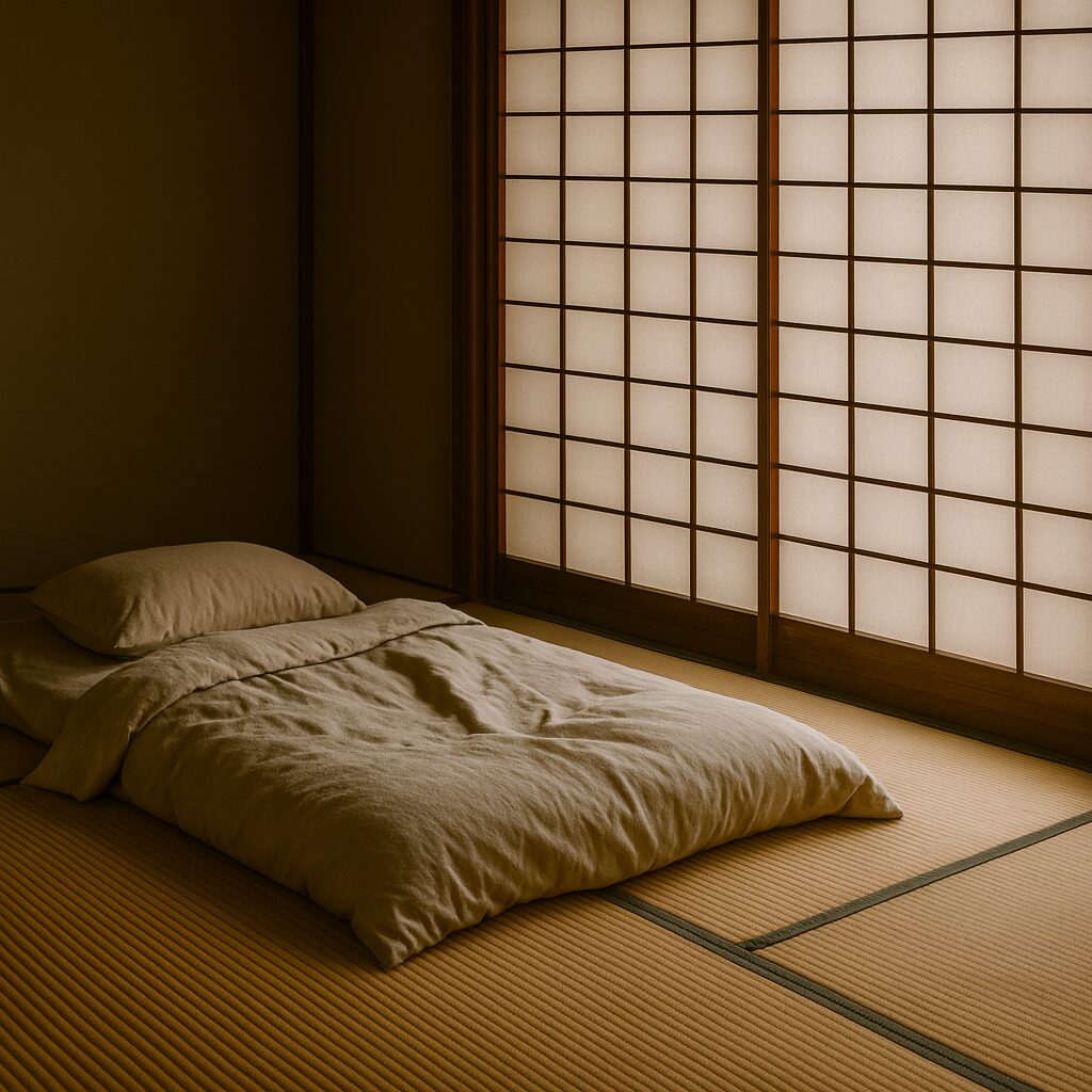 Soft morning light through shoji falls on a futon laid on tatami; glowing washi and visible mat edges in a quiet Japanese room.