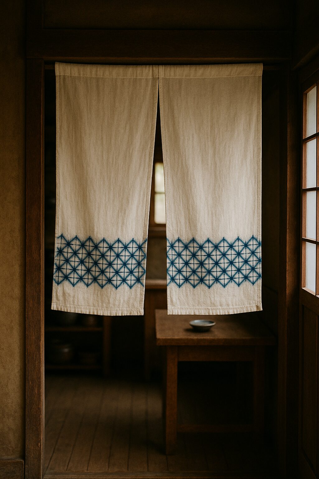 A traditional Japanese noren with blue geometric patterns hangs in a wooden doorway, softly lit by natural light