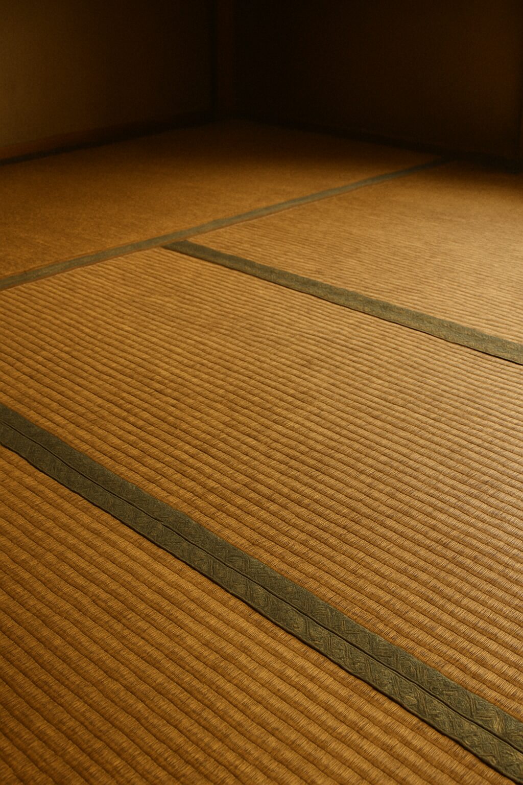 A close-up of aged tatami in a traditional Japanese room, softly lit after a summer storm. The surface is matte, carrying the quiet presence of time and Kokoro.