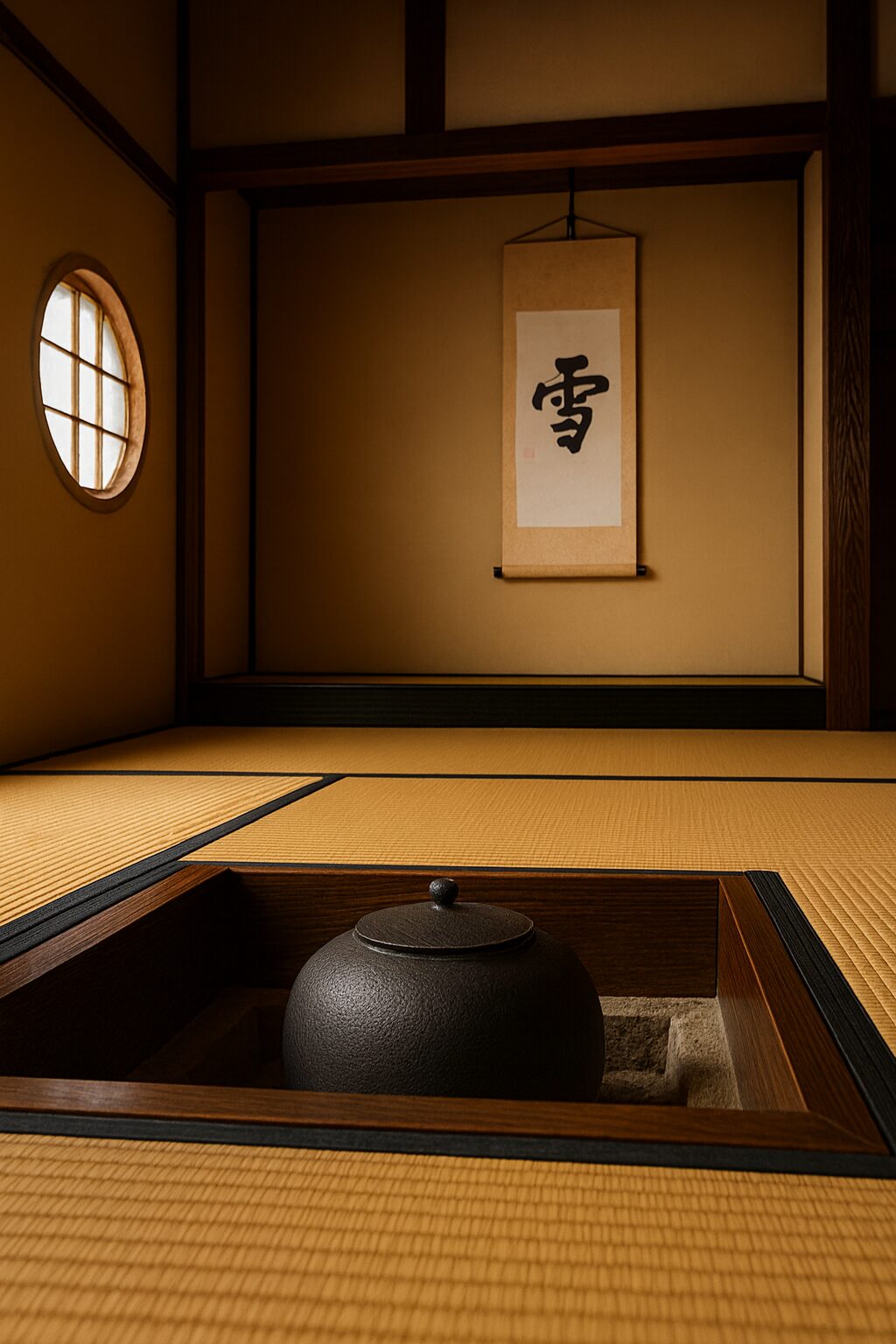Traditional Japanese tea room in winter with a chagama set in a sunken hearth, a round yukimi shoji window, and a hanging scroll with the calligraphy for “snow” (雪).