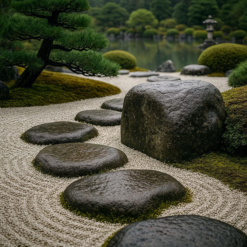 Wet kei-seki (ornamental garden stone) beside irregular tobi-ishi (stepping stones) in a traditional Japanese garden after rain, surrounded by raked white gravel, patches of moss, a pruned pine, and a pond in the background.