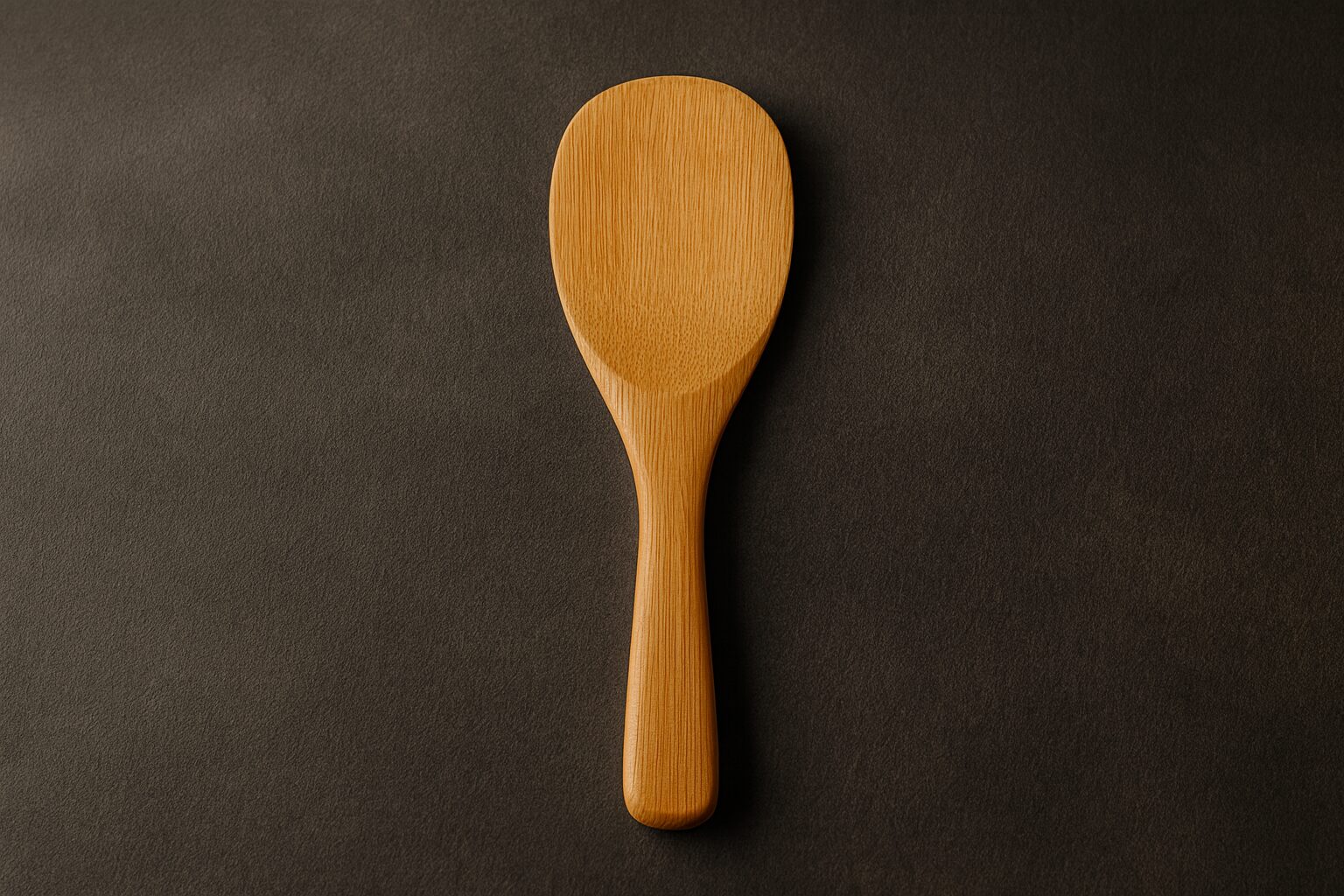 Small wooden shamoji (rice paddle) centered on a dark matte background.