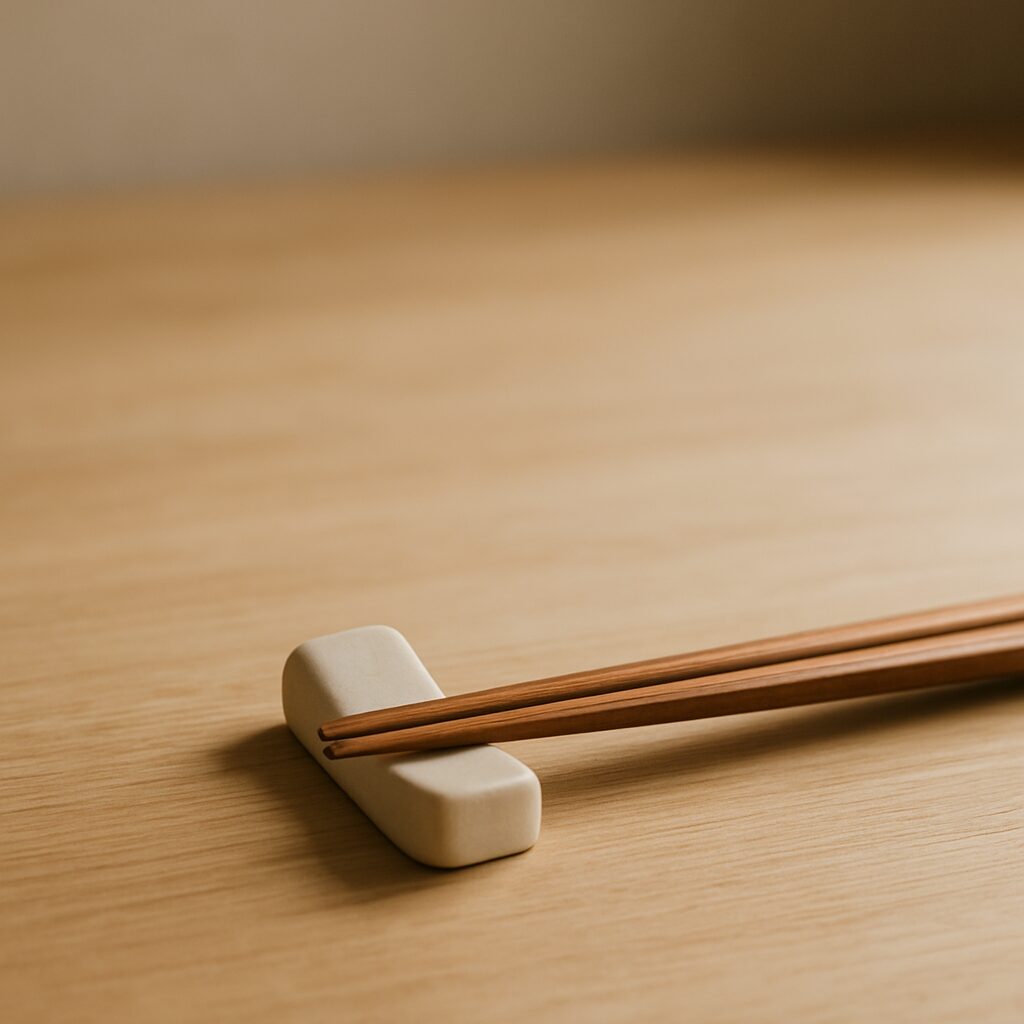 A ceramic hashi-oki with chopsticks on a pale wooden table, soft light and generous open space.