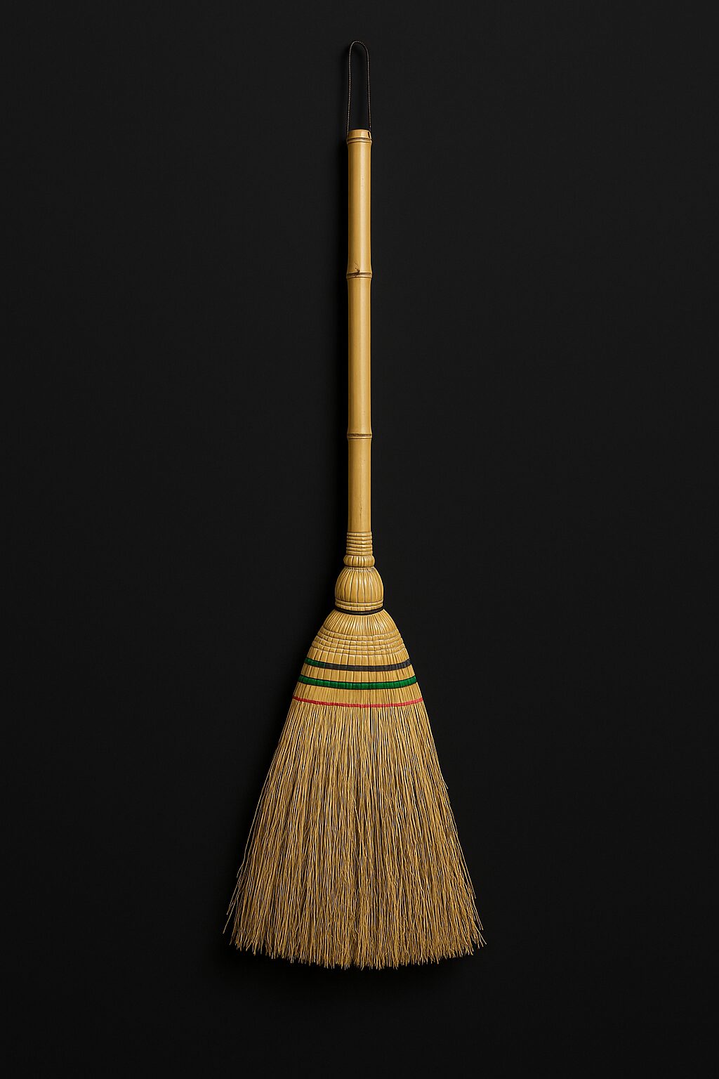 Indoor houki (Japanese broom) with a bamboo handle and black–green–red bindings, centered on a warm charcoal background.
