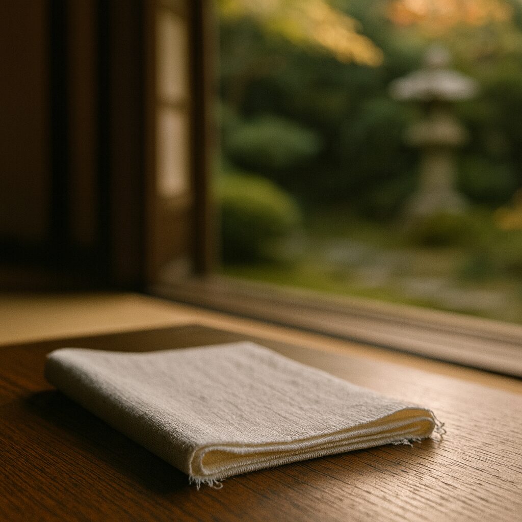 White rectangular Japanese tenugui towel on a wooden table by the engawa, cut edge lightly frayed, garden softly out of focus.